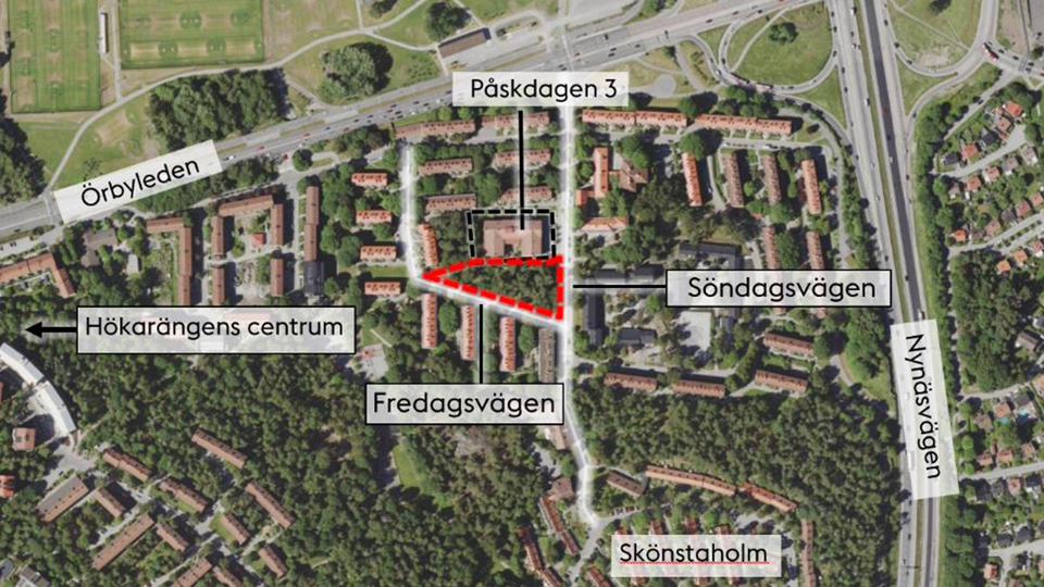 Satellitbild över Hökarängens centrum med detaljplanen i Veckodagsområdet markerat, foto.